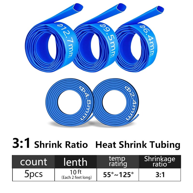 Eugiichr 5-Size Heat Shrink Tubing Kit: 3:1 Adhesive Lined, Marine Grade Waterproof, Insulated Sealed, Oil-Proof & Wear-Resistant, 10-Foot Total Length - for Home Use & Industrial Applications (Blue) - Image 2